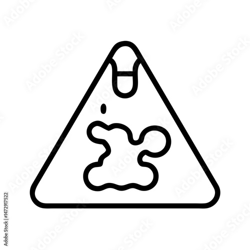 black and white icon of triangular warning sign with drop and liquid splash symbol, minimal outline hazard for spill, leak or chemical danger, isolated vector