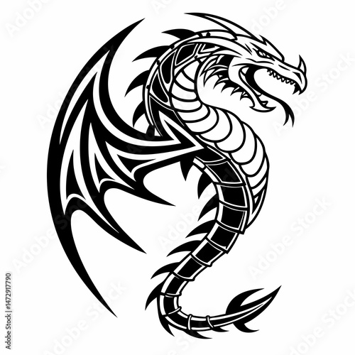 Tribal dragon tattoo design vector illustration black and white mythical creature tattoo art drawing design