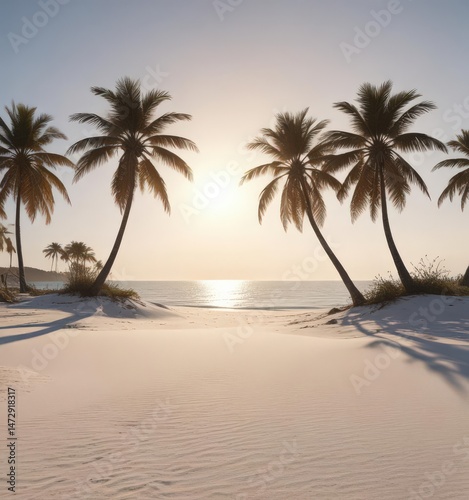 White sand, palm trees silhouette, distant island,  scenic,  golden hour,  beach scene