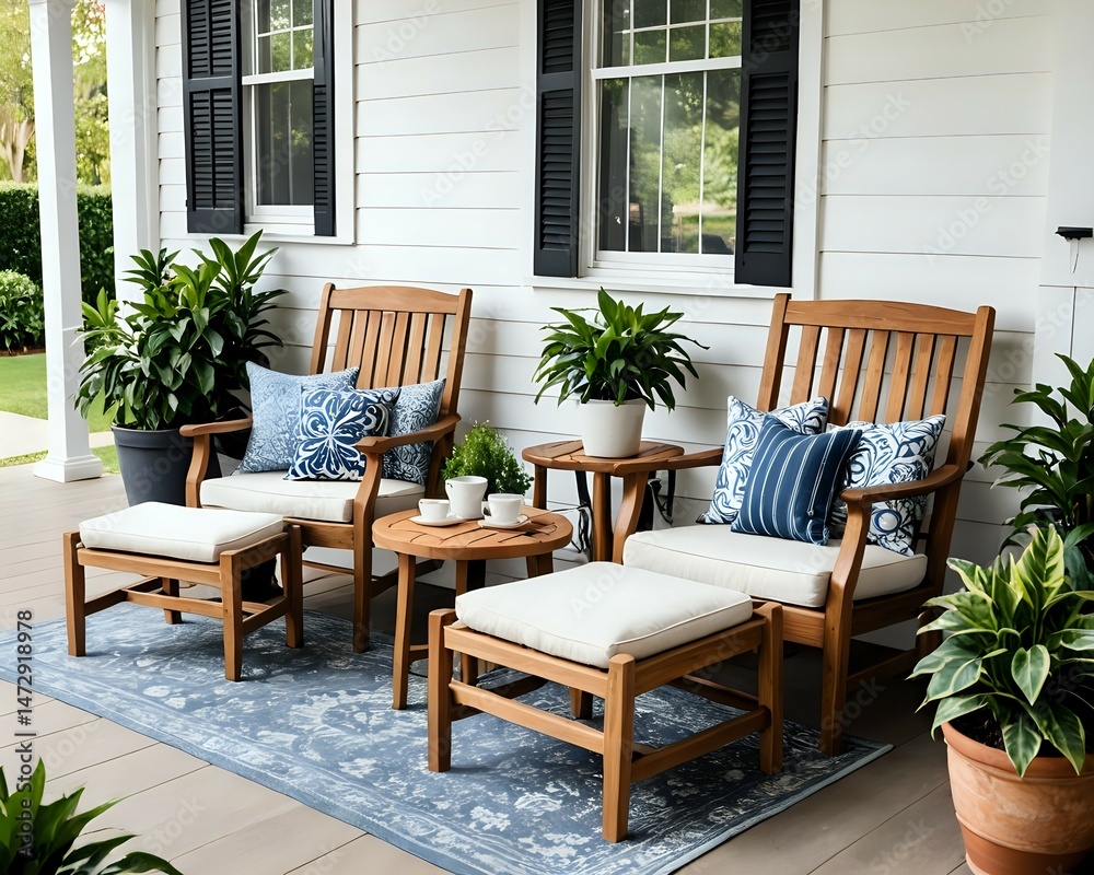 Fototapeta premium Charming Front Porch with Wooden Rocking Chairs and Potted Plants