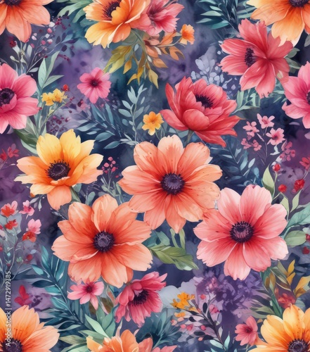 Abstract watercolor floral, vibrant colors, bold blooms , fabric, floral design, seamless