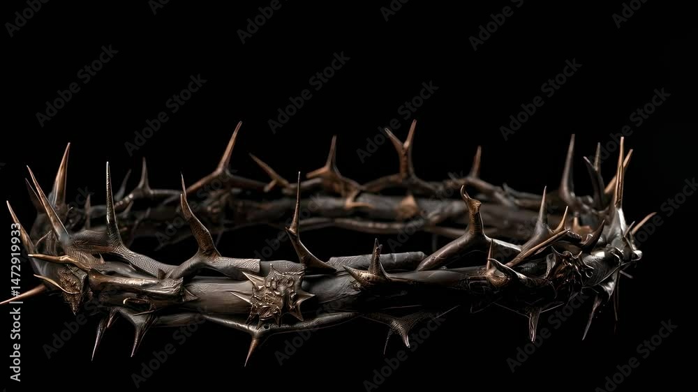 Crown of thorns with copper and dark tones, evoking pain, sacrifice, and the crucifixion of Jesus Christ, resting on a reflective black surface, creating a dramatic and symbolic image