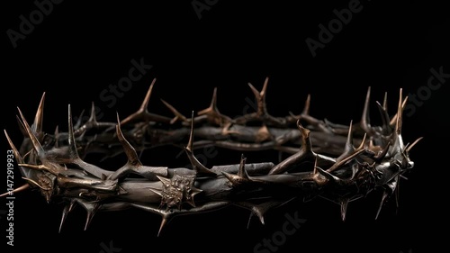 Crown of thorns with copper and dark tones, evoking pain, sacrifice, and the crucifixion of Jesus Christ, resting on a reflective black surface, creating a dramatic and symbolic image