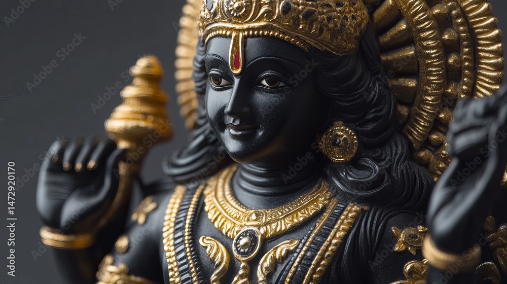 Obraz premium Closeup black gold detailed krishna statue religious art god icon dark rich yoga hindu india deity