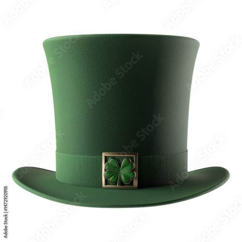 A green top hat with a clover-shaped buckle on the band.