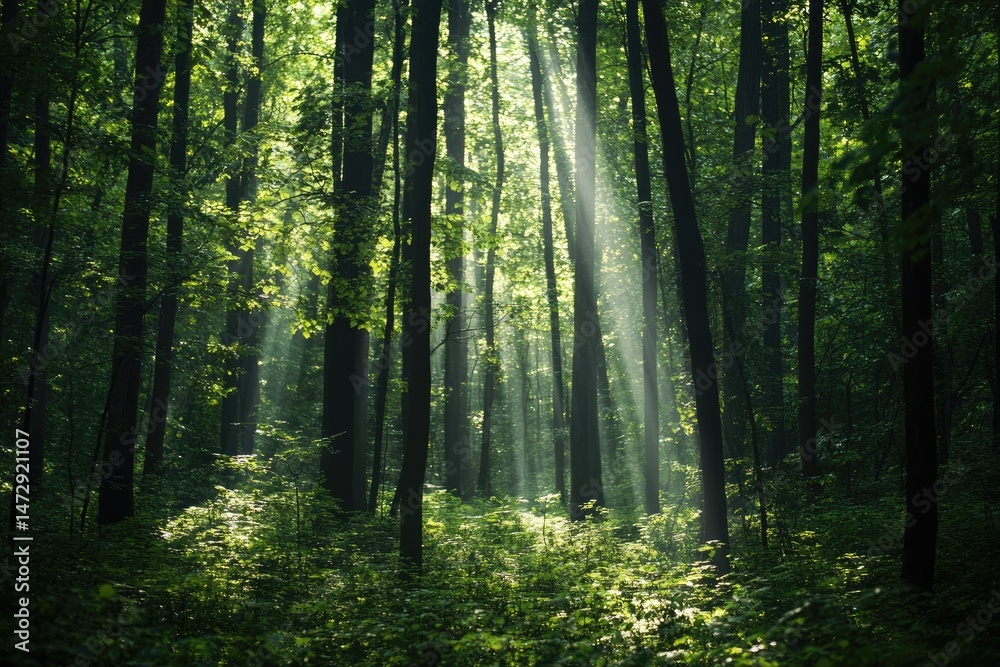 Obraz premium Sunlight filtering through dense forest (1)