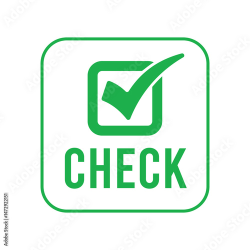 Simple green checkmark icon in outlined square on white, bold 'CHECK' below. Modern minimalist symbol for approval/verification. Bright green/white palette, centered composition.