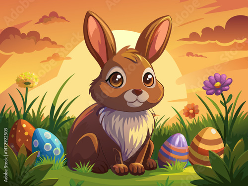 vector of Cute brown bunny rabbit sitting in grass with pastel easter eggs and wild flowers, warm golden hour light, blurred background, calm easter scene