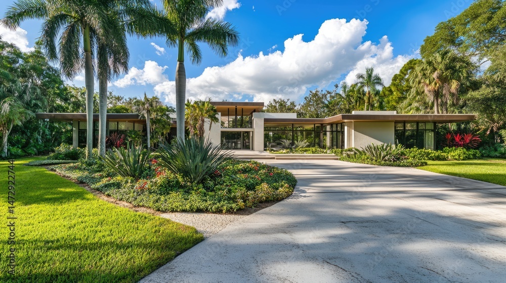 Fototapeta premium Luxury Modern House Exterior with Lush Tropical Landscaping and Palm Trees