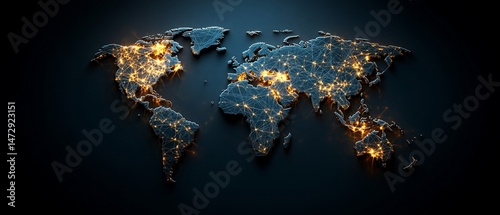 Illuminated 3D world map showcasing global connectivity and city lights against a dark backdrop