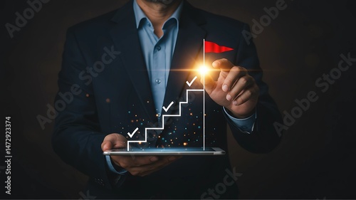 Business success and goal achievement steps. Businessman drawing checkmarks on virtual staircase steps toward achieving goals, ending with red flag as success marker. Planning, progress, goal setting