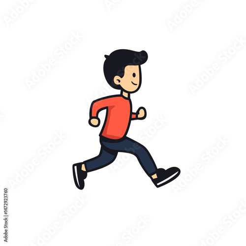 Simple flat cartoon icon of a person jogging in casual attire and sneakers, depicted in a cheerful running motion against a plain background