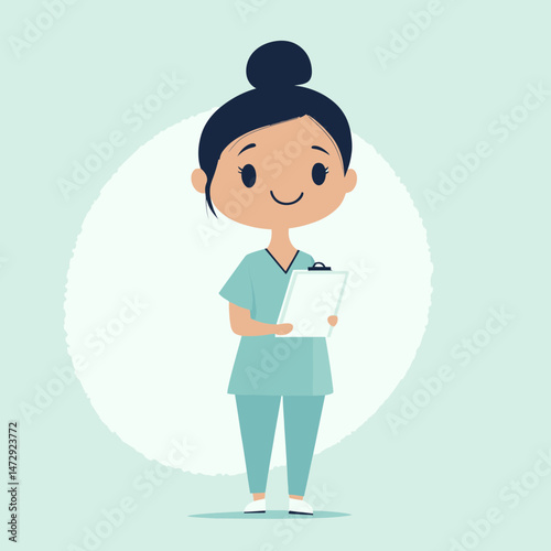 Modern flat design nurse character holding a clipboard in a light background setting