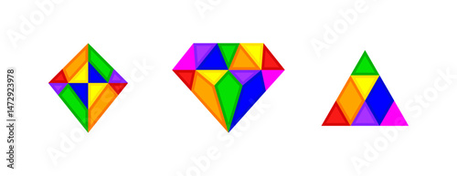 Geometric Rainbow Shapes Vector: Colorful Abstract Elements, Diamond, Triangle & Kite Polygon Design Graphics