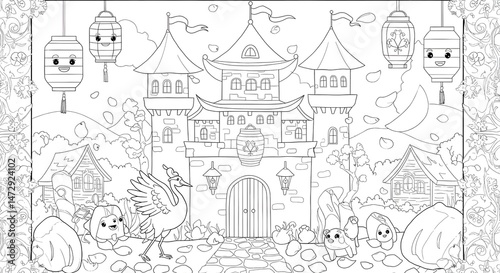 Wallpaper Mural Enchanting Asian-Style Castle Coloring Page A whimsical illustration featuring a majestic castle, adorable animals, and charming lanterns. Torontodigital.ca