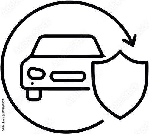 Car insurance symbol with shield and circular arrow design  