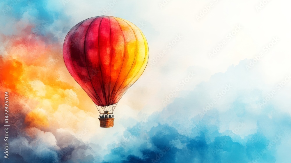 Naklejka premium A hot air balloon is shown soaring through the sky in a watercolor painting