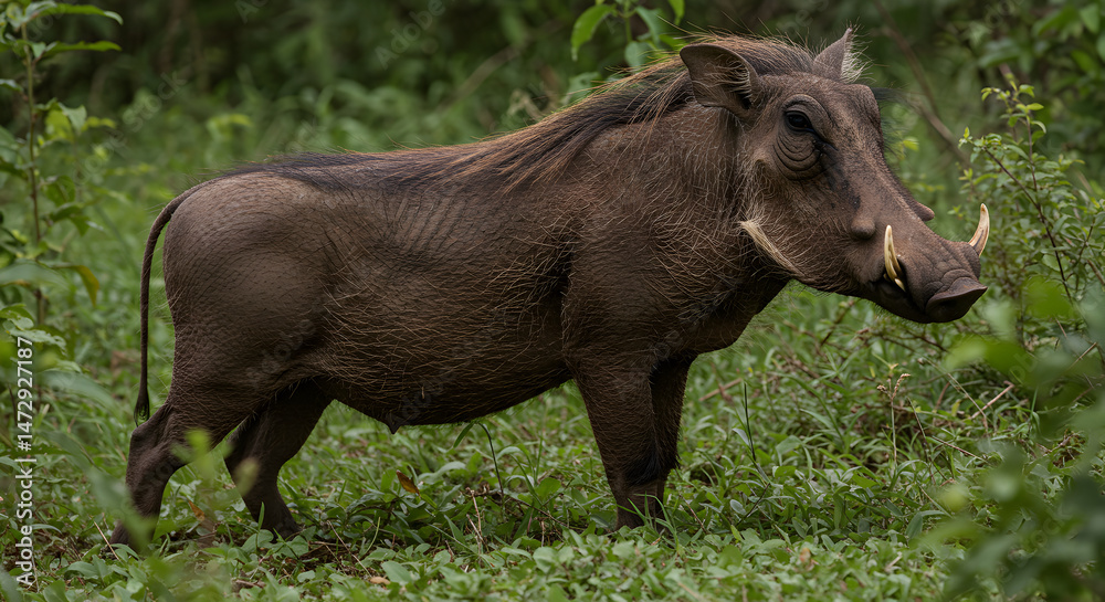 Fototapeta premium Warthog Stands Tall Amidst Greenery In Its Natural Habitat