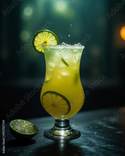 Icy Margarita with Lime Wheel on Glass Rim, Party and Celebration Drink
