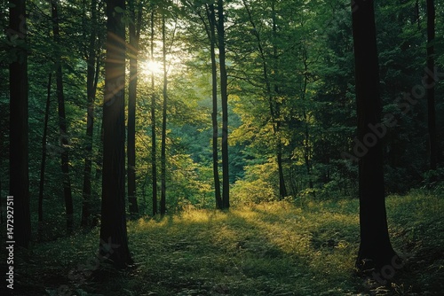 Wallpaper Mural Sunlight streams through a dense forest (1) Torontodigital.ca