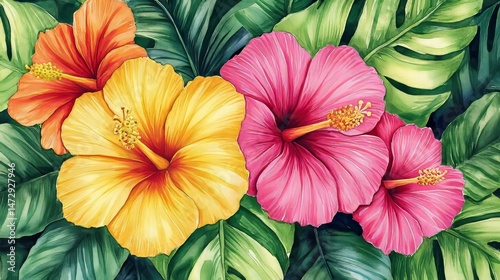 Wallpaper Mural A watercolor artwork featuring a lively arrangement of tropical hibiscus blooms Torontodigital.ca