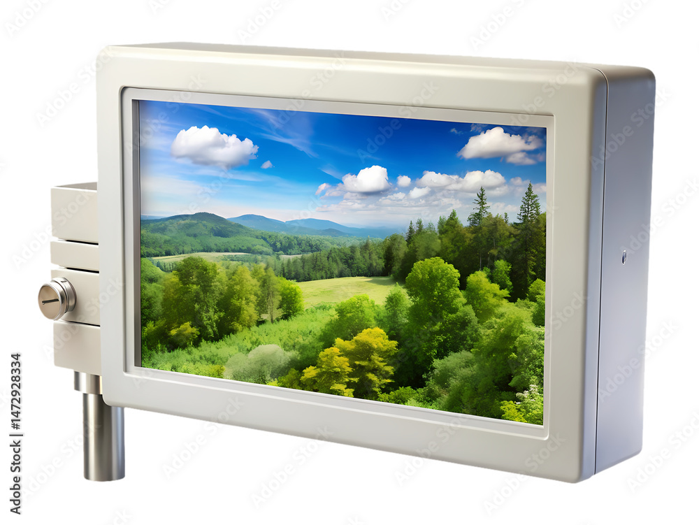 Fototapeta premium Scenic Mountain Landscape Displayed on a Modern White Enclosed Screen