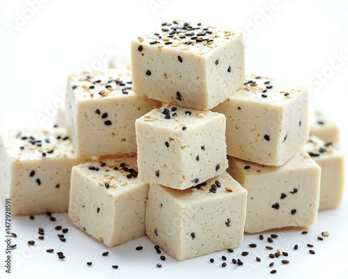 Against a white background, a block of fresh tempeh is displayed