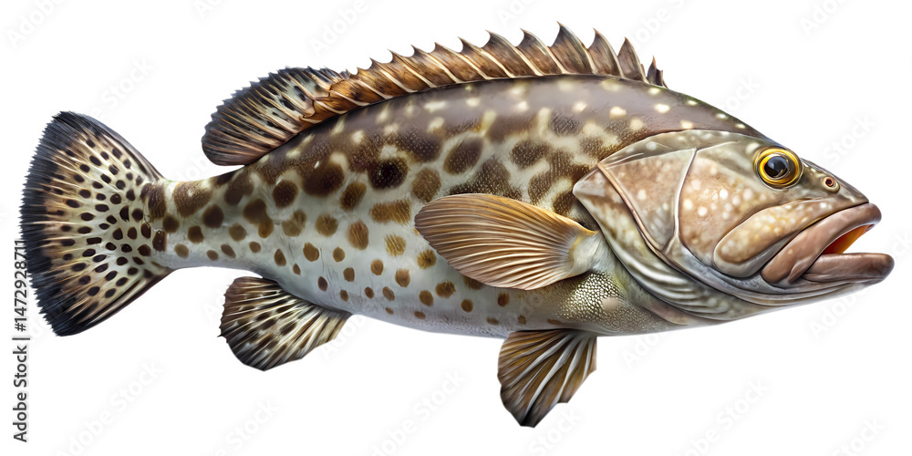 Fototapeta premium Detailed digital illustration of a Brown Spotted Grouper fish on transparent background