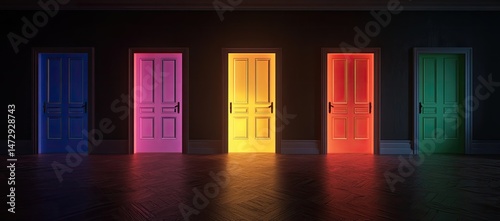 Four illuminated doors, each a different color, in a dark hallway