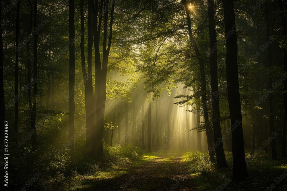 Obraz premium Sunlight streams through misty forest (3)