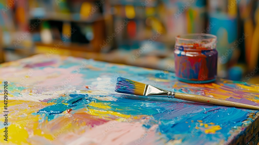 Fototapeta premium A workshop table holds a paintbrush with bright colors and a accompanying paint jar