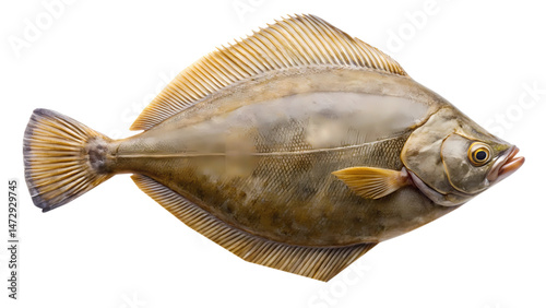 Isolated image of a whole brown and yellow flounder fish on white