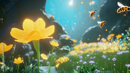 Animated scene of bees flying among vibrant wildflowers in a fantasy meadow landscape