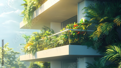 Modern building balcony with lush tropical plants. [Abyssal Gardens] | Pressure Petals | sunken growth. Illustration