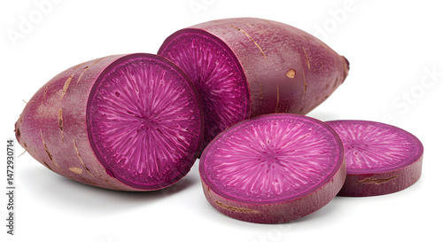 Vibrant Purple Sweet Potatoes Displaying Cross Sectional Texture and Color