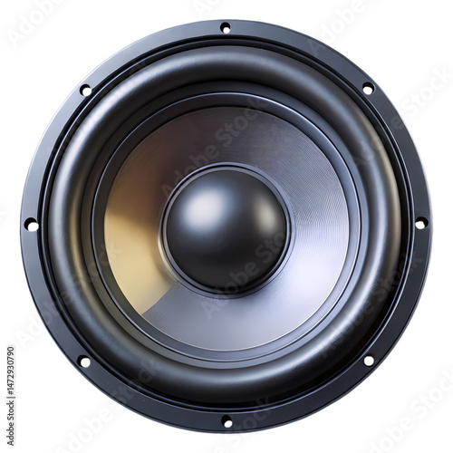Close up view of a shiny black speaker on a transparent background