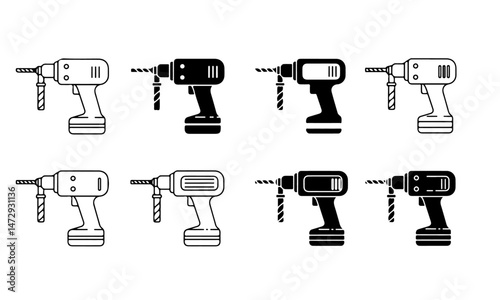 Electric Drill Icons Set. electric drill icons in black outline and solid styles.