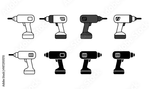 Electric Drill Icons Set. electric drill icons in black outline and solid styles.