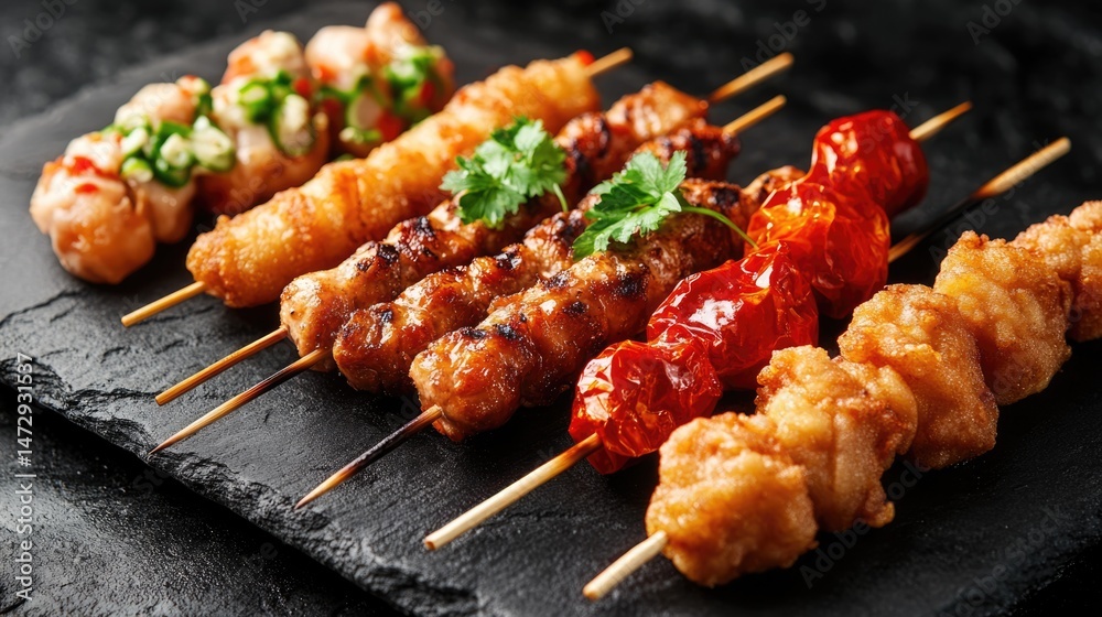 Delicious Grilled Skewers with Meat, Vegetables, and Fried Bites Delicious Grilled Skewers with Meat, Vegetables, and Fried Bites