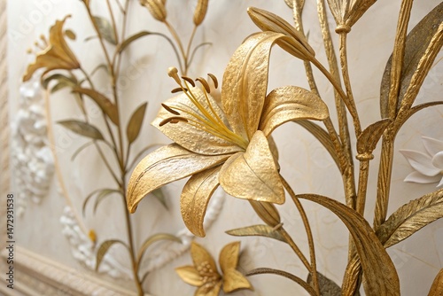 Elegant 3D Floral Background – Golden Lily with Stucco Stems and Leaves.
