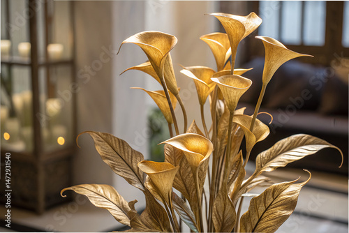 Elegant 3D Floral Background – Golden Calla Lilies with Stucco Stems and Leaves.