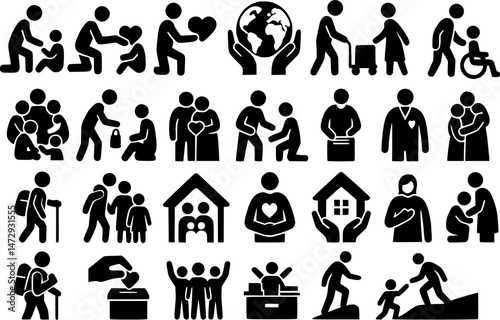 Humanity and Charity Icons – Family Care, Helping Hands, Volunteer, Donation & Social Support Symbol Set