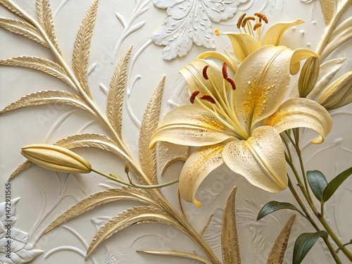 Elegant 3D Floral Background – Golden Lily with Stucco Stems and Leaves.