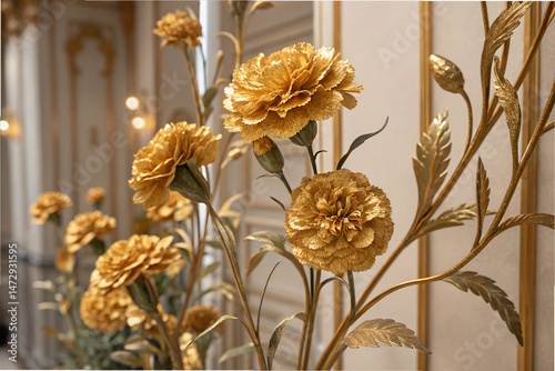 Elegant 3D Floral Background – Golden Carnations with Stucco Stems and Leaves.