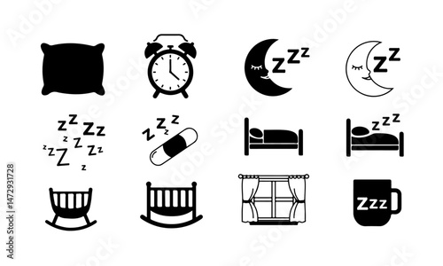  Sleep Icons representing various aspects of sleep and rest, including pillows, alarm clocks, sleeping crescent moons, beds, sleeping pills, baby cradles, night windows, and a mug with "Zzz" symbols.