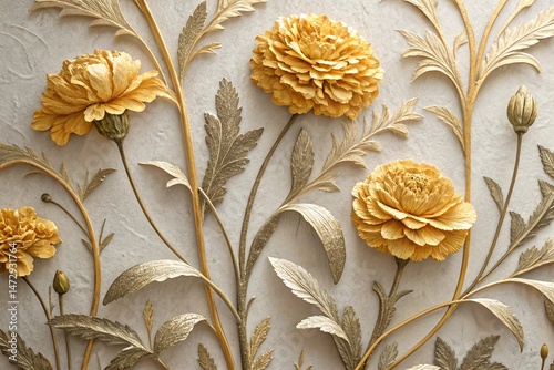 Elegant 3D Floral Background – Golden Carnations with Stucco Stems and Leaves.