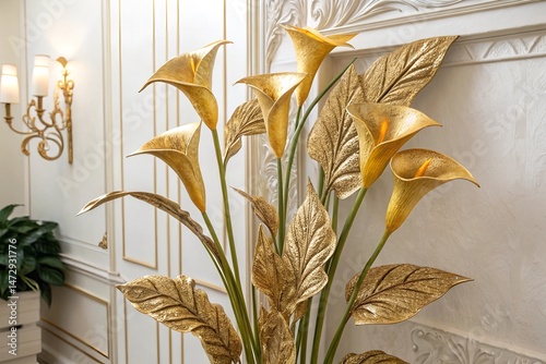 Elegant 3D Floral Background – Golden Calla Lilies with Stucco Stems and Leaves.
