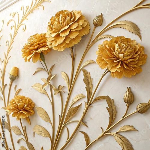 Elegant 3D Floral Background – Golden Carnations with Stucco Stems and Leaves.