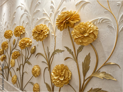 Elegant 3D Floral Background – Golden Carnations with Stucco Stems and Leaves.