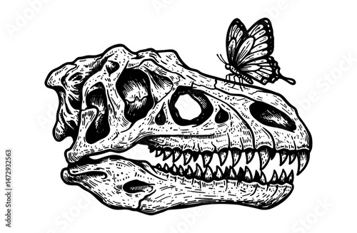 beautiful butterfly on a dinosaur skull sketch